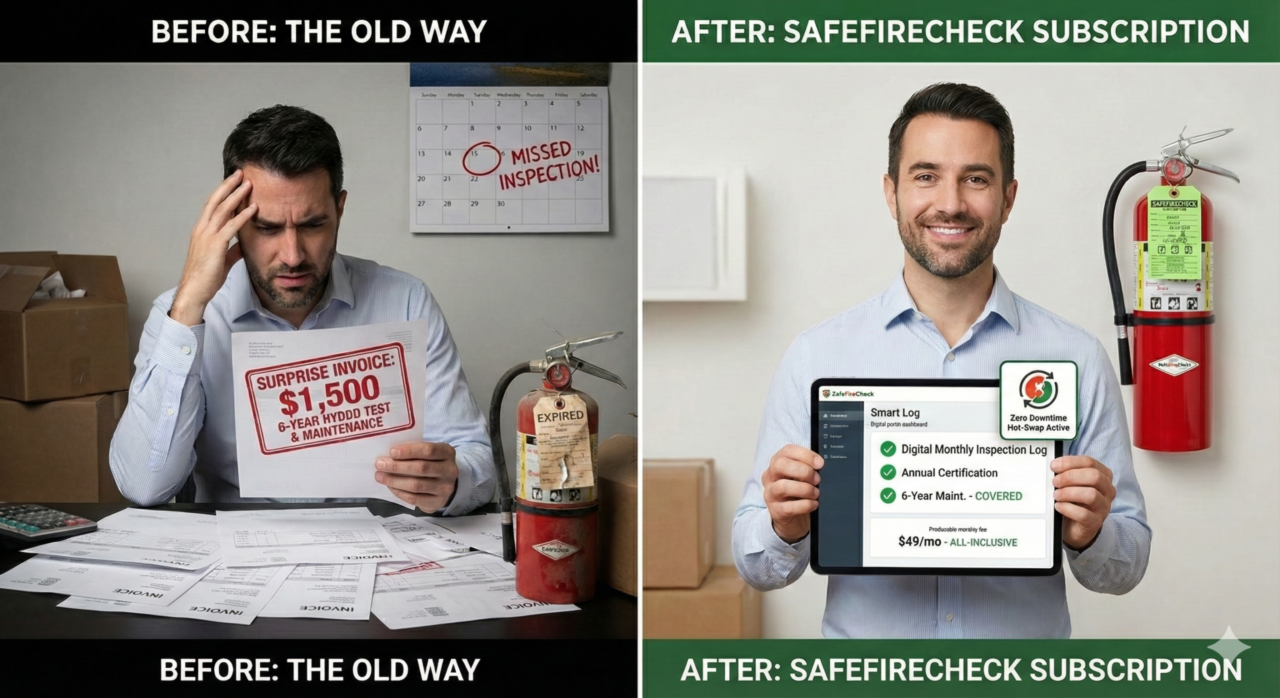 A split-panel comparison image with the left side titled "BEFORE: THE OLD WAY" and the right side titled "AFTER: SAFEFIRECHECK SUBSCRIPTION." The left panel shows a stressed man at a cluttered desk holding a large "SURPRISE INVOICE: $1,500 6-YEAR HYDRO TEST & MAINTENANCE," with a calendar showing a "MISSED INSPECTION" and an expired fire extinguisher nearby. The right panel shows the same man, happy and holding a tablet with a "Smart Log" display showing a $49/mo all-inclusive subscription that covers inspections, certifications, and maintenance, with a new fire extinguisher and a "Zero Downtime Hot-Swap Active" icon in the background.