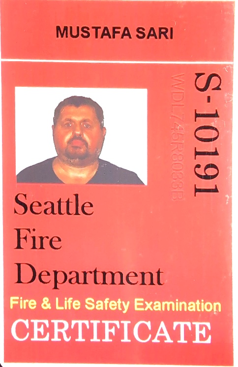 Seattle Fire Department certified technician ID card for Safe FireCheck owner