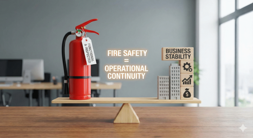 A wooden balance scale in an office setting features a red fire extinguisher with a "Functional & Inspected" tag on the left pan, perfectly balanced with wooden blocks spelling "BUSINESS STABILITY" and icons for growth on the right pan. Text in the center reads "FIRE SAFETY = OPERATIONAL CONTINUITY."