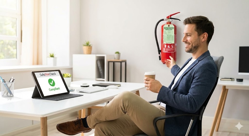 Relaxed business owner at office desk with a certified fire extinguisher in the background
