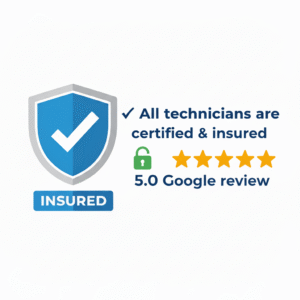 Safe FireCheck certified and insured technicians 5-star google review badge