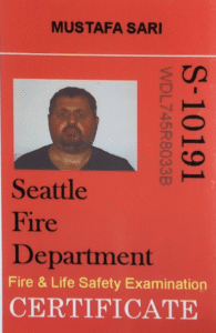 Seattle Fire Department certified technician ID card for Safe FireCheck owner