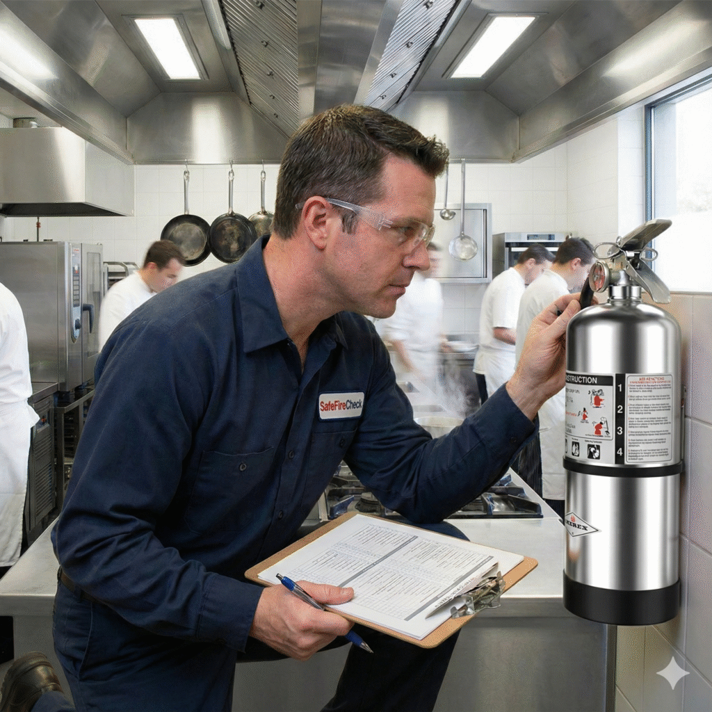 Professional fire safety technician ensuring NFPA 10 compliance for restaurant fire extinguishers