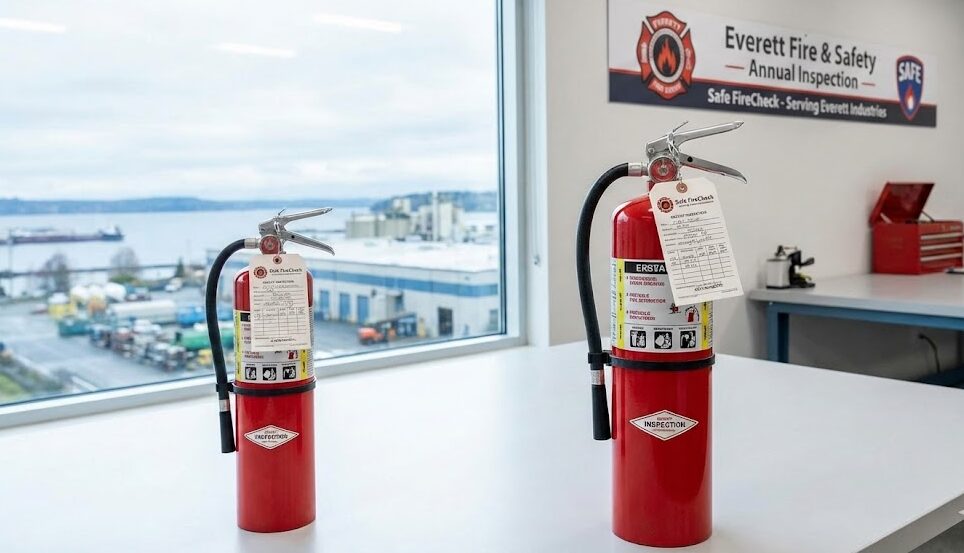 Fire extinguishers with annual inspection tags in an Everett office overlooking the waterfront