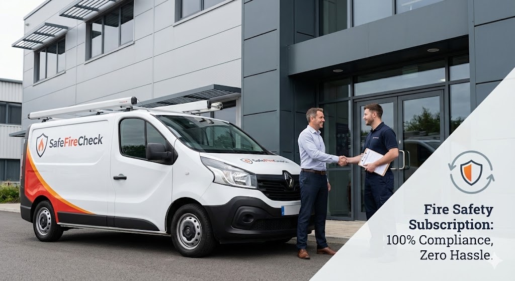 SafeFireCheck technician shaking hands with a business owner next to a service van, promoting the Fire Safety Subscription for 100% compliance.