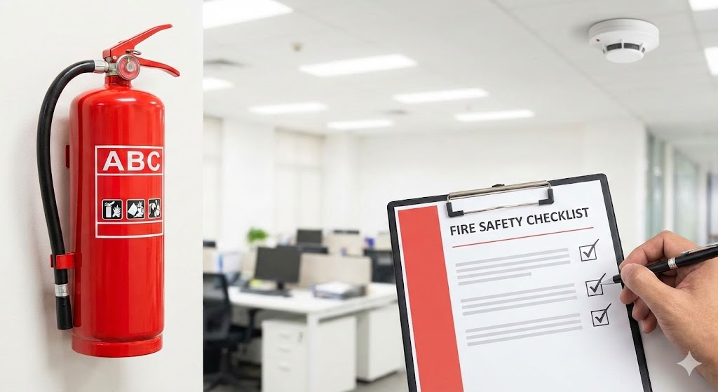 Red fire extinguisher mounted on a wall next to a clipboard with a fire safety checklist in an office setting.