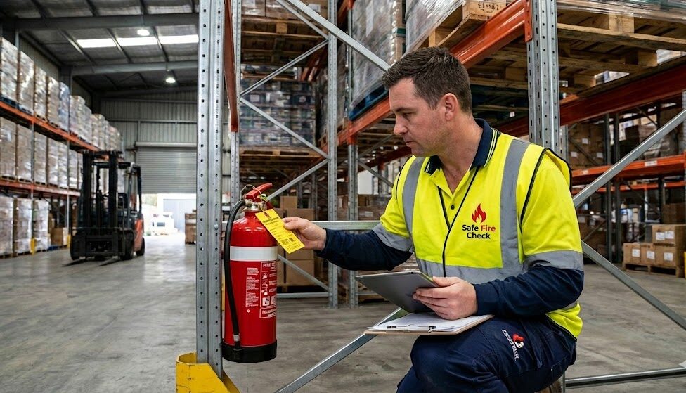 Fire extinguisher inspection by certified technician in a Snohomish warehouse