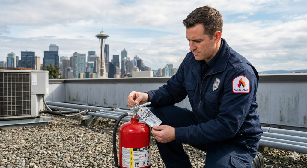 SafeFireCheck technician applying a 2026 fire extinguisher certification tag on a commercial rooftop with the Seattle skyline and Space Needle in the background.
