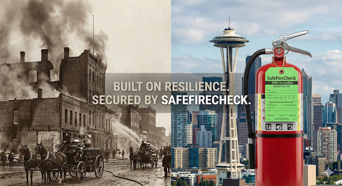 A split image advertisement. The left side is a vintage black and white photograph of a city building on fire, with horse-drawn fire carriages and firefighters. The right side shows a modern Seattle skyline, including the Space Needle, under a blue sky. In the foreground of the right side is a large, red fire extinguisher with a green "SafeFireCheck - NFPA 10 Certified" inspection tag. White text across the center reads: "BUILT ON RESILIENCE. SECURED BY SAFEFIRECHECK."