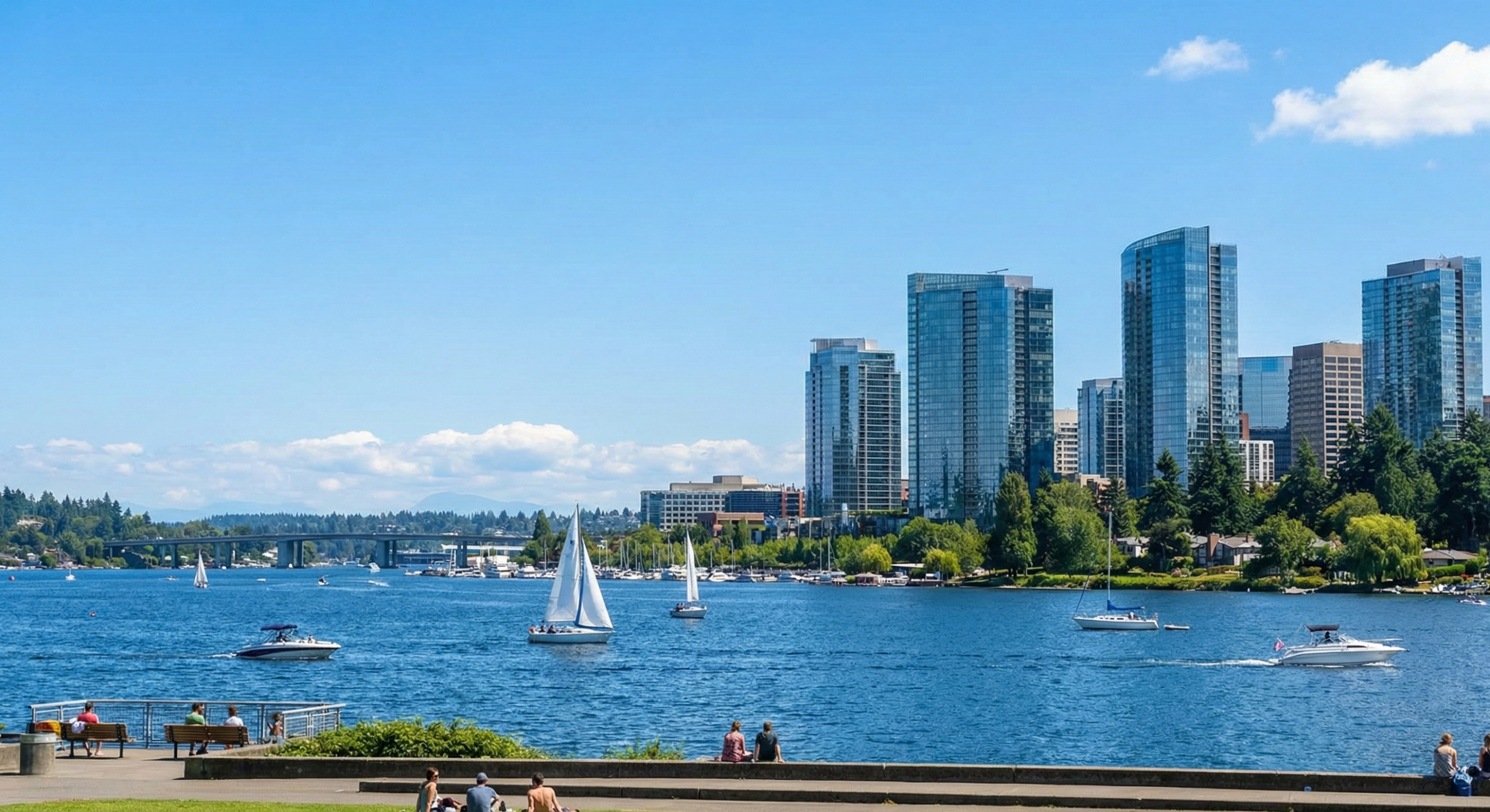 bellevue lake of wa image under city towers in a sunny day