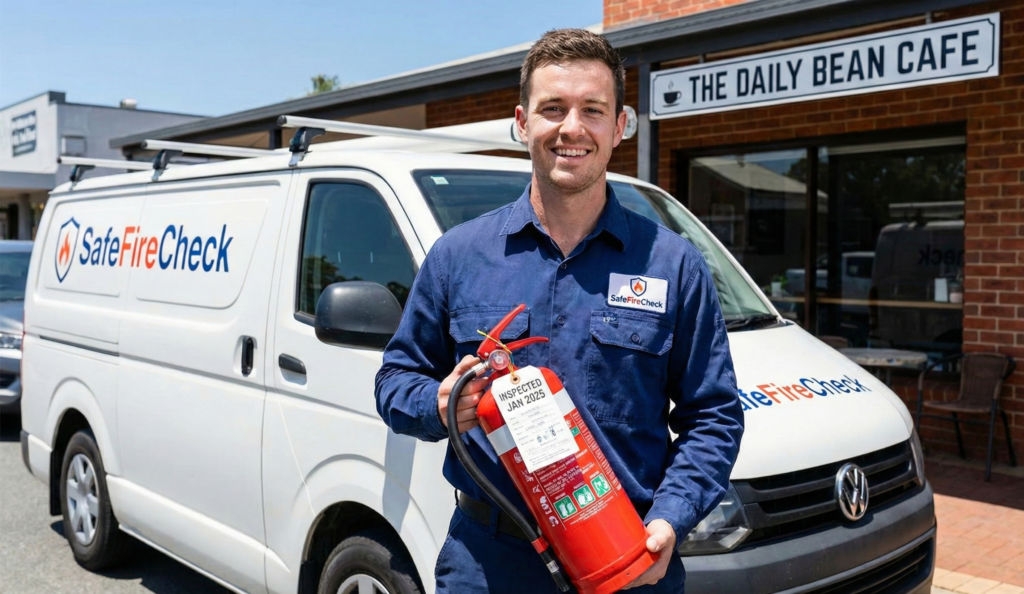 SafeFireCheck technician showing a fire extinguisher with a fresh January 2026 inspection tag, ready for the new year compliance.