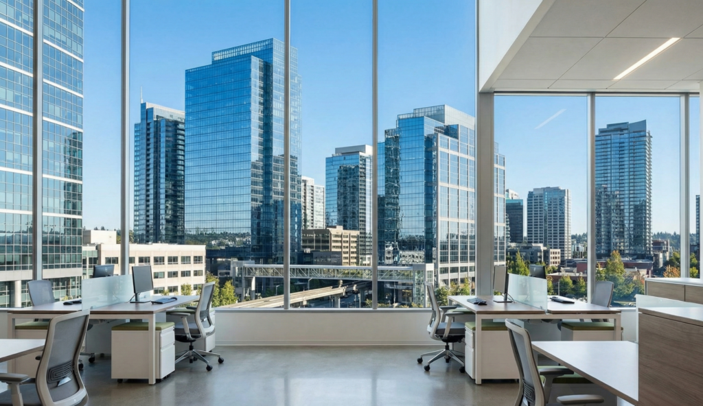 A wide-angle photograph of a modern, sunlit office interior featuring floor-to-ceiling windows that overlook a skyline of glass skyscrapers under a clear blue sky.