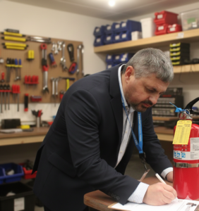 SafeFireCheck Certified technician, Mustafa Sari, performing a fire extinguisher inspection for a Seattle business - SafeFireCheck